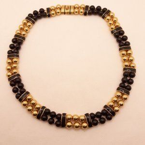 Gold Tone Black Enamel Bead Collar Type Necklace
